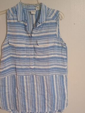C&C California Blue and White Striped Sleeveless Tunic Linen Top Sz M